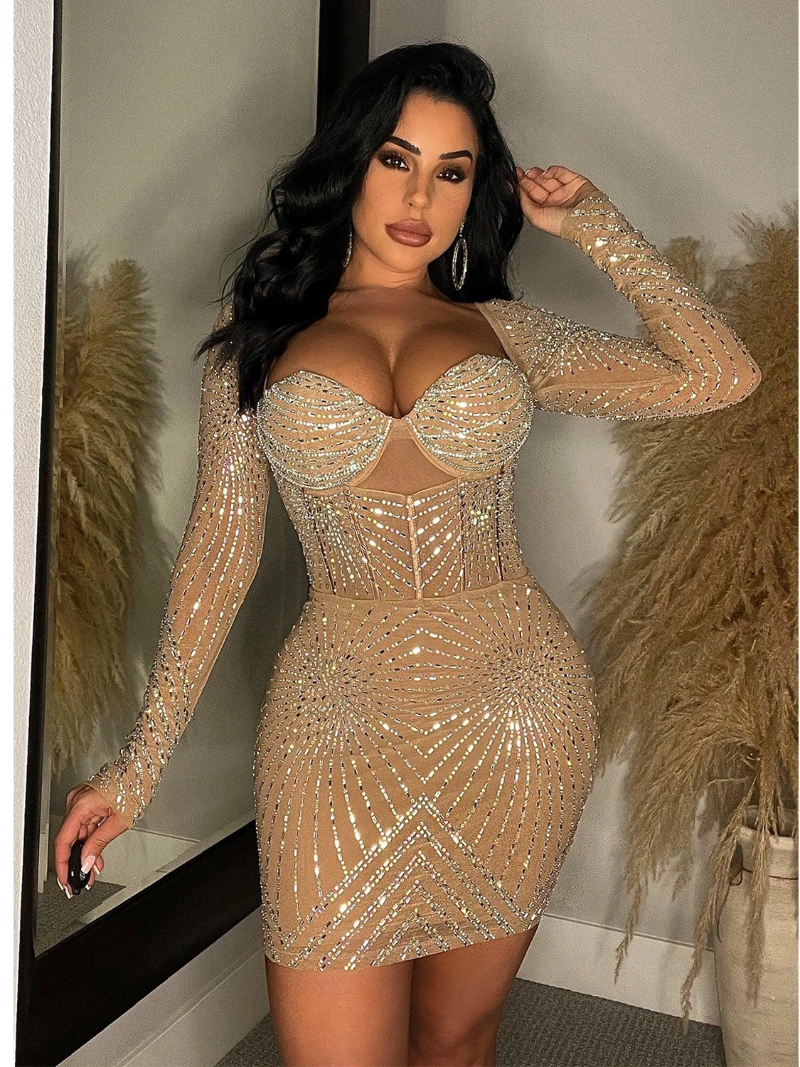 

GLCMYAYA Women Diamonds Hot Rhinestones Sweetheart Collar Long Sleeve Bodycon Midi Mini Sexy Party Dress 2023 Vestidos Dresses