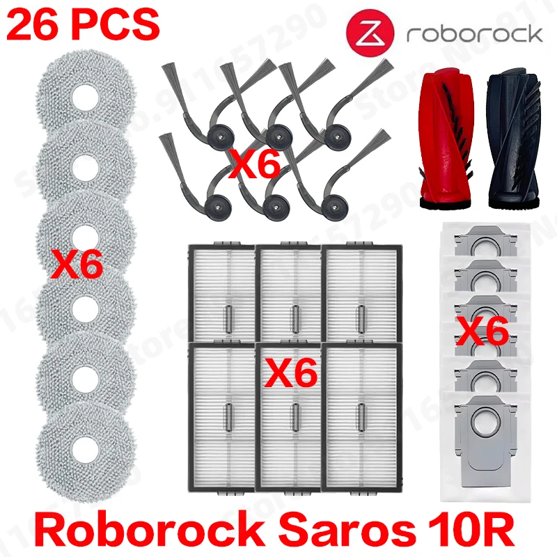 Roborock Saros Vacuum Accessories Kit - Main Brush, Side Brush, HEPA Filter, Mop Cloth, Dust Bag