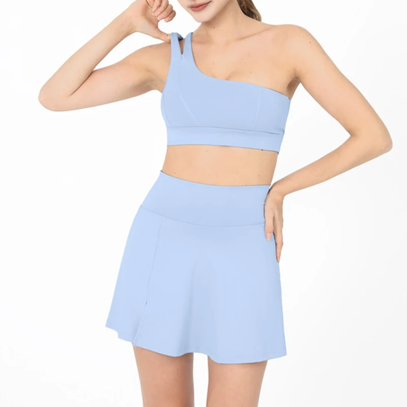 Yoga Skirt Set Women Workout Sport Suits Gym Wear High Wais Fitness Crop Top Female Tennis Sportswear One Shoulder Bra Female