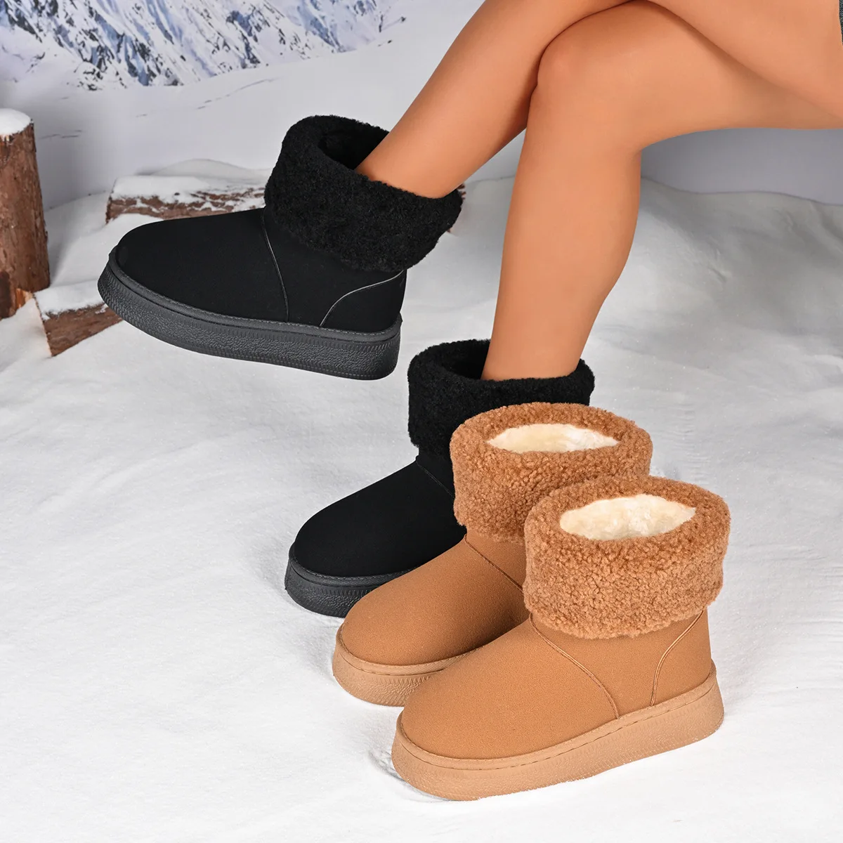 Shoes for Women Winter Women's Boots Black Round Toe Solid Flock Plush Warm Mid Heel Water Proof Casual Snow Boots Women