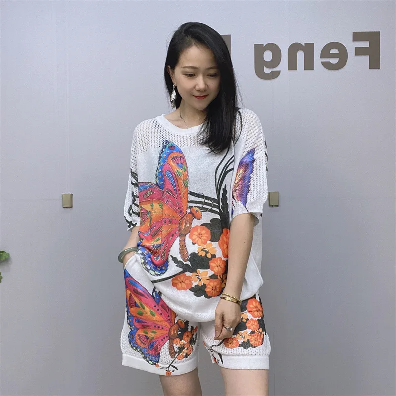 2PCS Summer Knitted Short Set Pattern Printed Sweater Kit Women Hollow Out Casual Suit Jumper And Hot Pants
