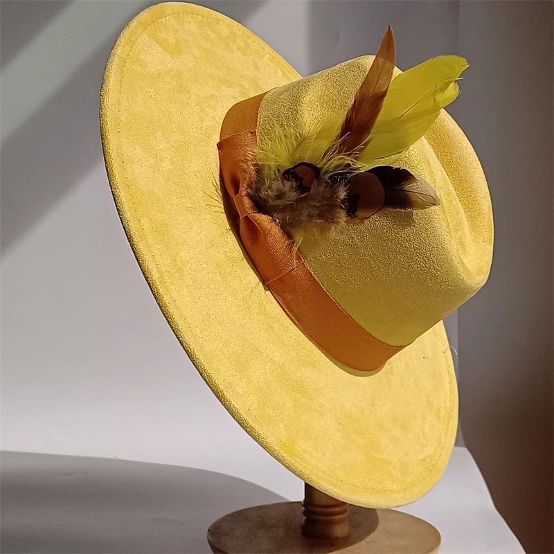 Lila Federn Wildleder Zylinder 9,5 cm breite Krempe Fedora Hut Männer Frauen Herbst Winter Filz Jazz Hüte klassische Kirche Fedoras Sombrero – Detail 13