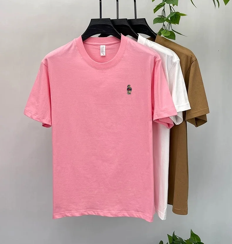 High-end pure cotton short-sleeved men's T-shirt, luxury brand printed cartoon bear, Korean style casual crew neck top for young