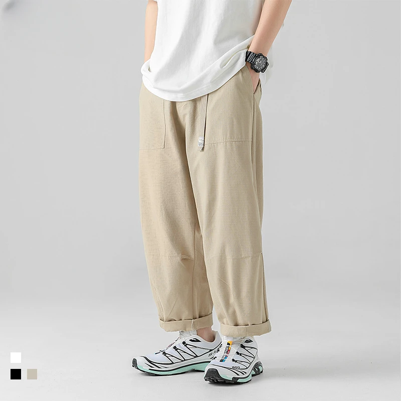 

Retro light and thin casual pants, spring waistband design, pleated and loose straight tube workwear pants joggers men