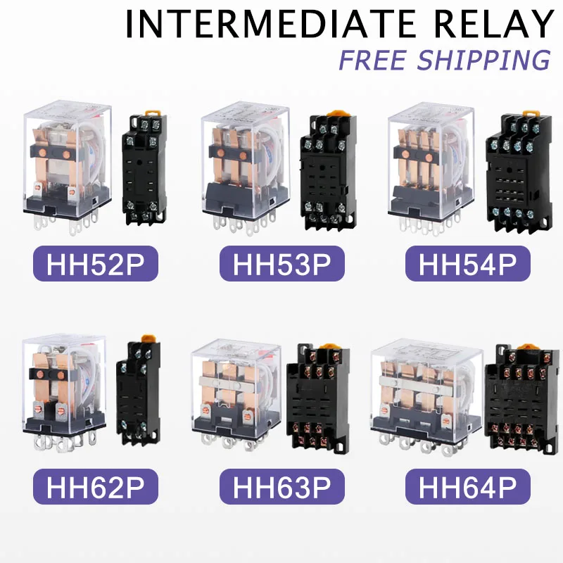 

5PCS High Power Micro Intermediate Electromagnetic Relay With Socket Base AC 220V DC 12V 24V HH52P HH53P HH54P HH62P HH63P HH64P