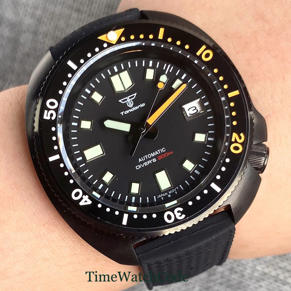 Tandorio Automatic Diver Watch for Men 44mm NH35A PVD Case Luminous Black Dial Sapphire Crystal 200M Water Resistance Auto Date