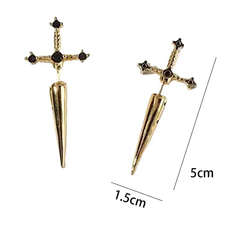 Hip Hop Cross Sword Stud Earrings Women Classic Crystal Stone Silver Ox Gold Color Personality Simple Jewelery
