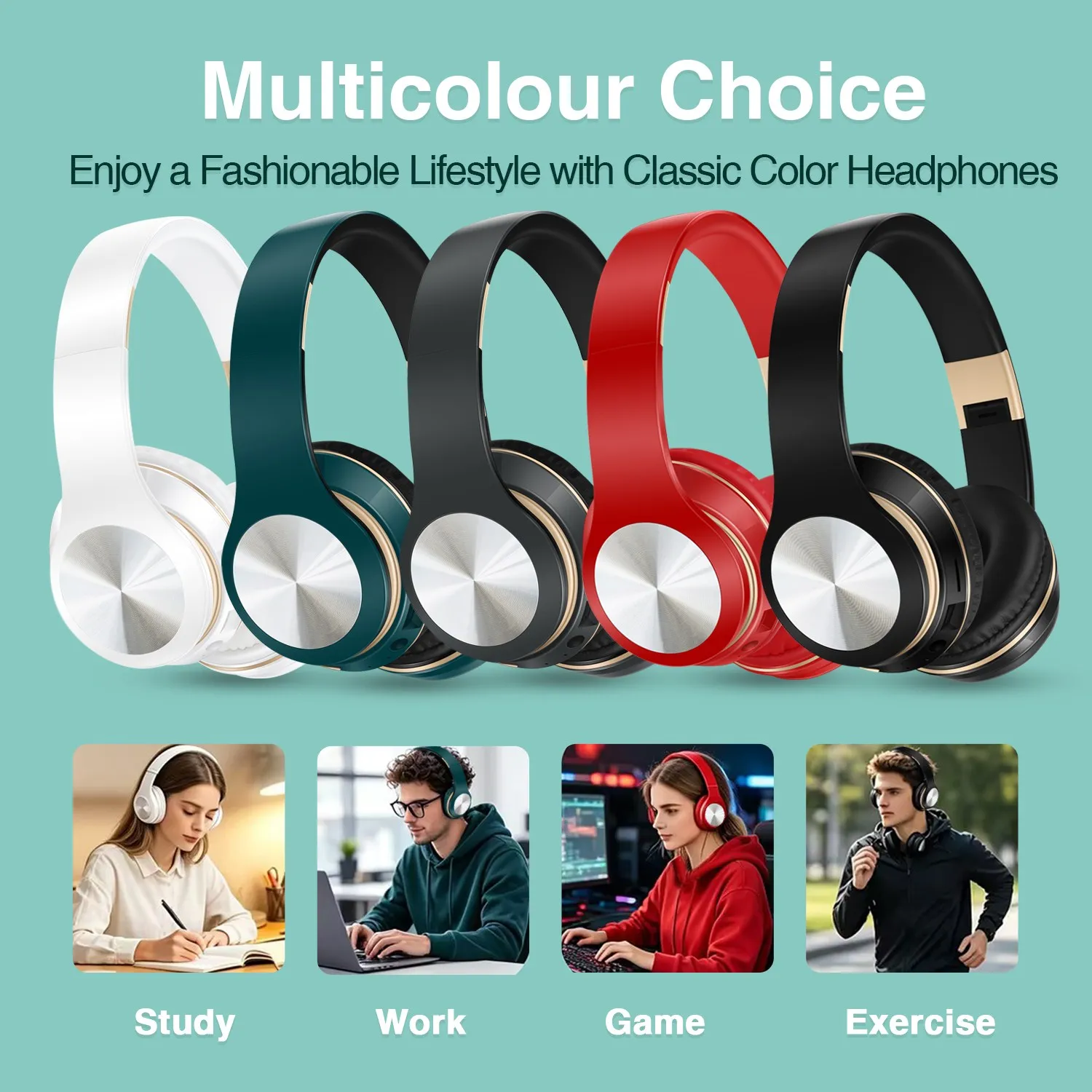 Cuffie Bluetooth senza fili con cancellazione del rumore, auricolari pieghevoli per lo sport, cuffie da gioco con microfono e audio stereo HI-FI - immagine 6