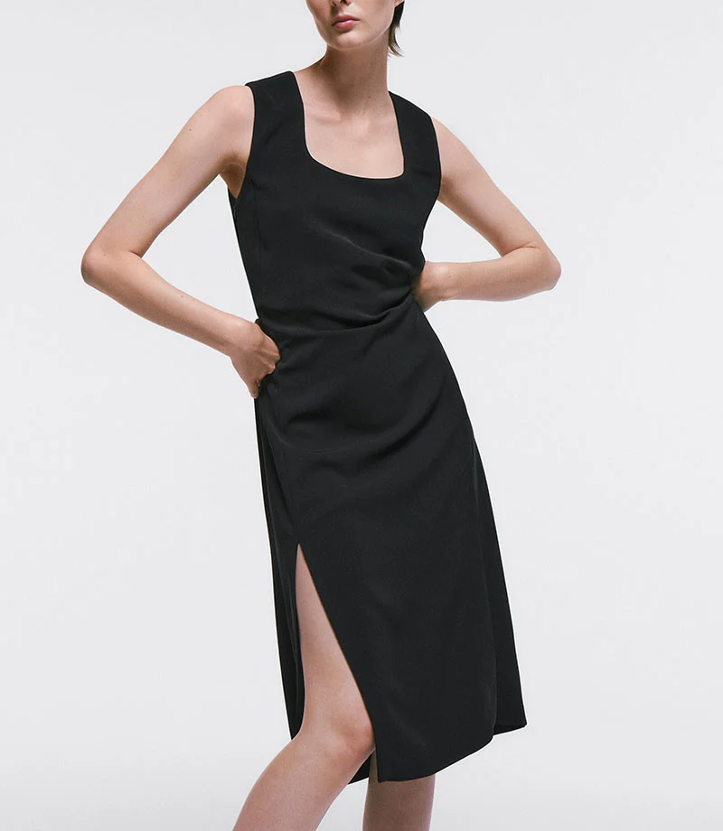 

Early autumn new slim-fit design sense solid color slit long dress square collar little black dress