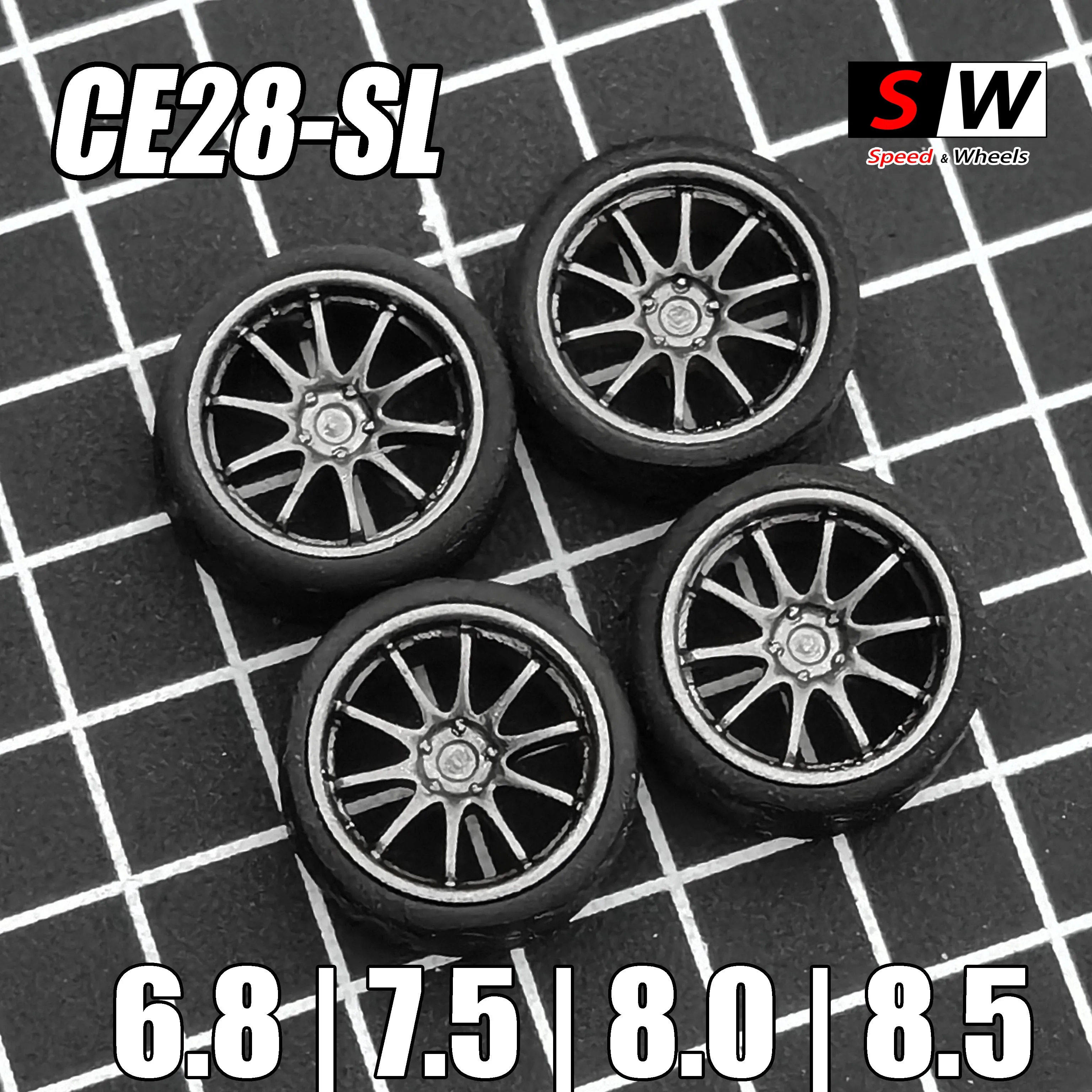 1 64 Alloy Wheel Rubber Tires ce28sl 6.8mm/7.5mm/8.0mm/8.5mm Racing Vehicle Toys Cars for Hot Wheel/Matchbox/Domeka/Tomy 1:64 Ca