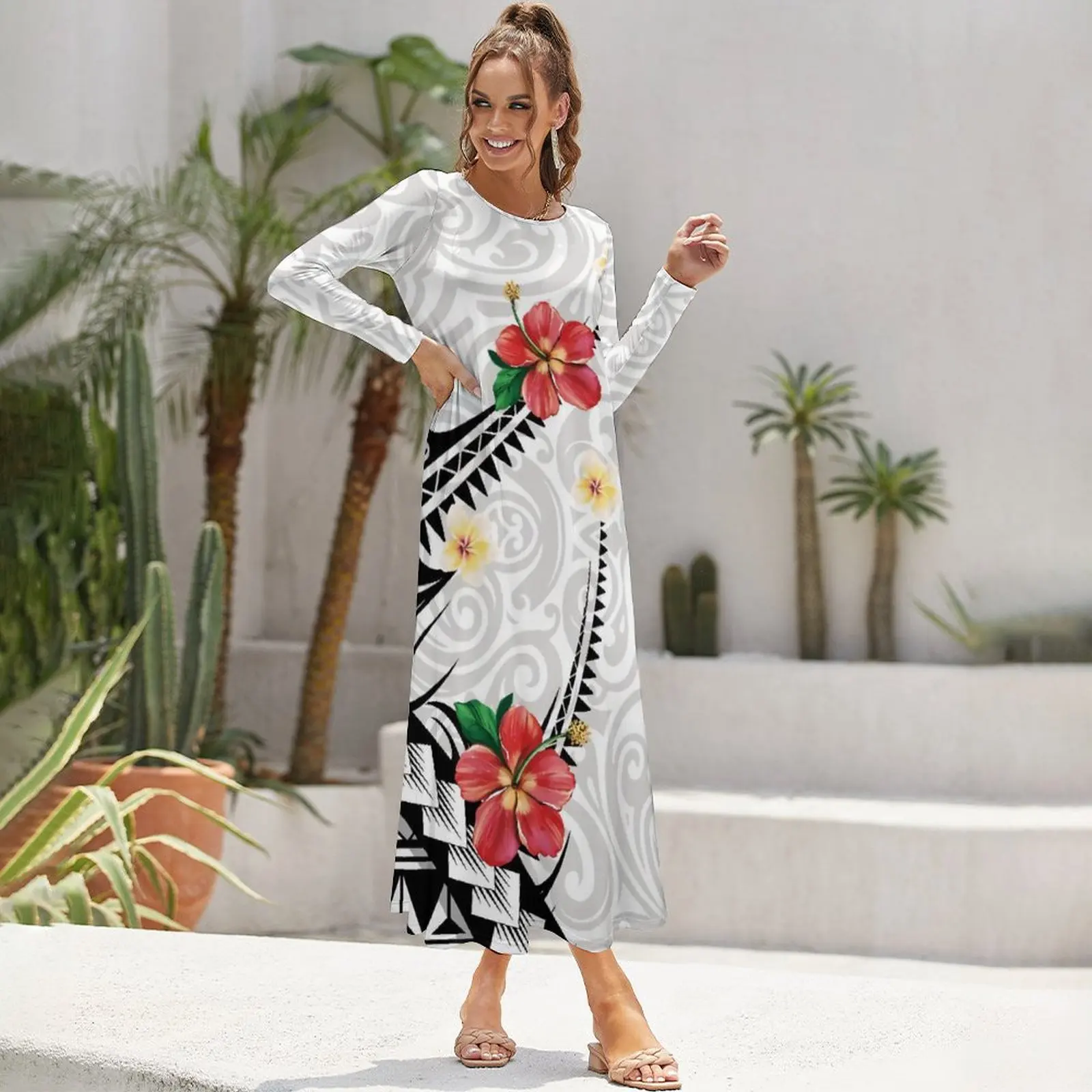 

2022 New Polynesian Tribal Clothes Super Cheap Women Autumn Cozy Pocket Design Long Casual Party Dress OEM Wholesale