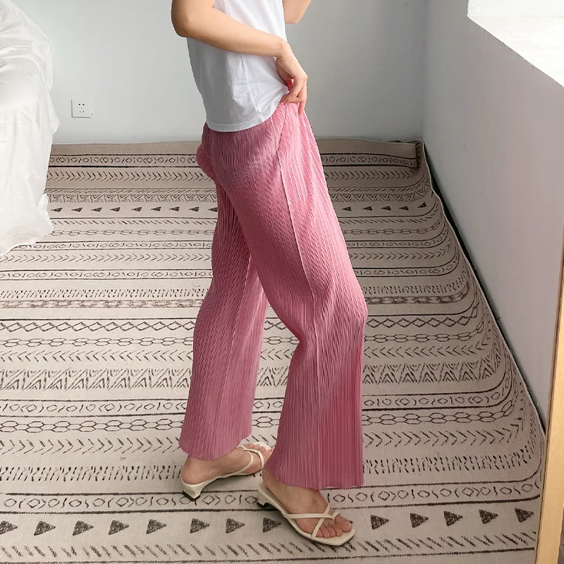Miyake Pleated Casual Straight Women Pants 2023 Spring Summer New Cherry Blossom Korean Fashion Cropped Designer Pink Trousers