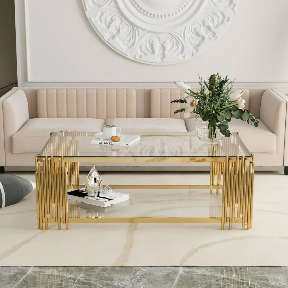 Glass Coffee Table Modern Living Room Table Gold Stainless Steel Metal Leg 51" Rectangular Clear Tempered Glass Center