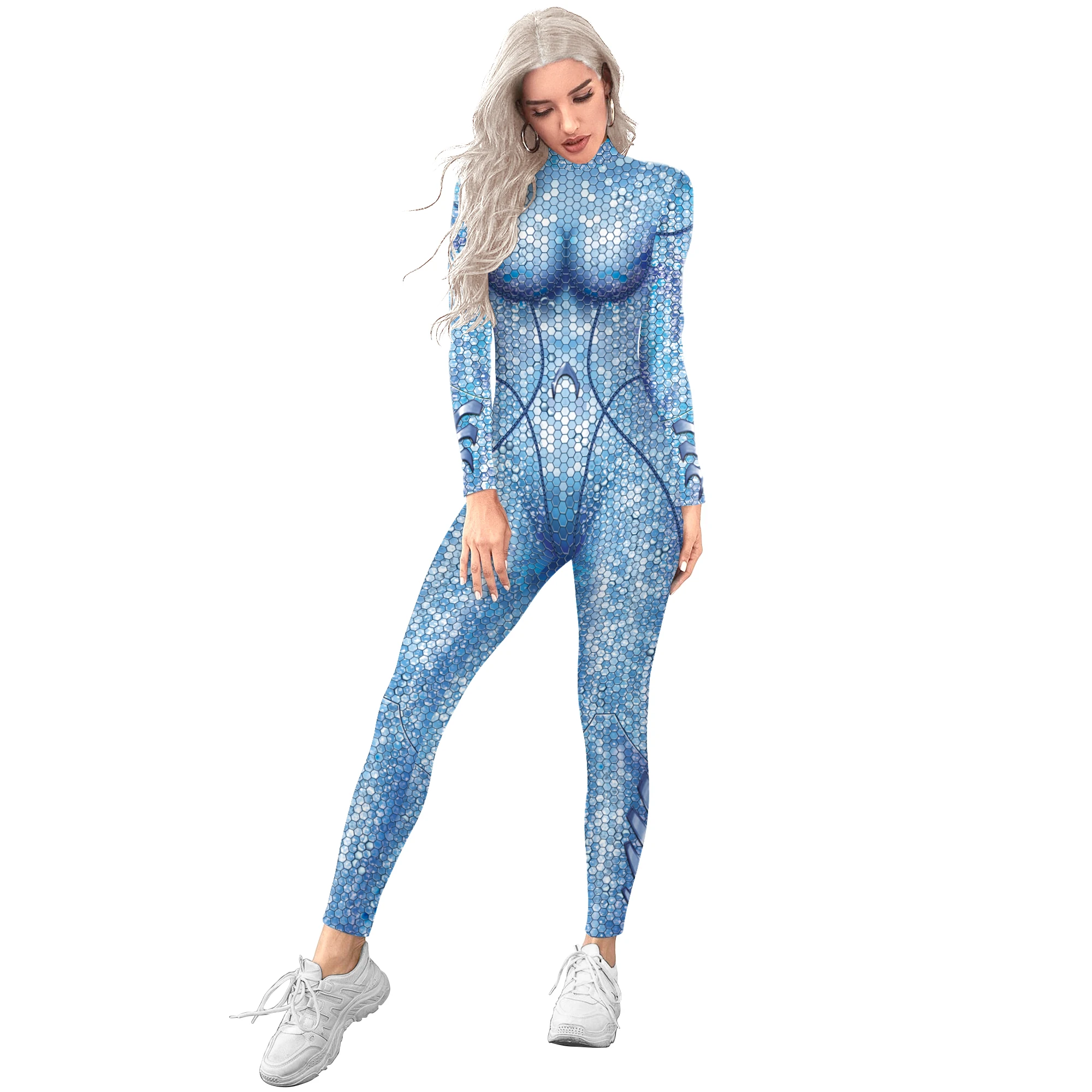 Zawaland Cosplay Funny Costume Women Carnival Green Digital Printing Jumpsuit Female Holiday Party Long Sleeve Bodysuit Onesie