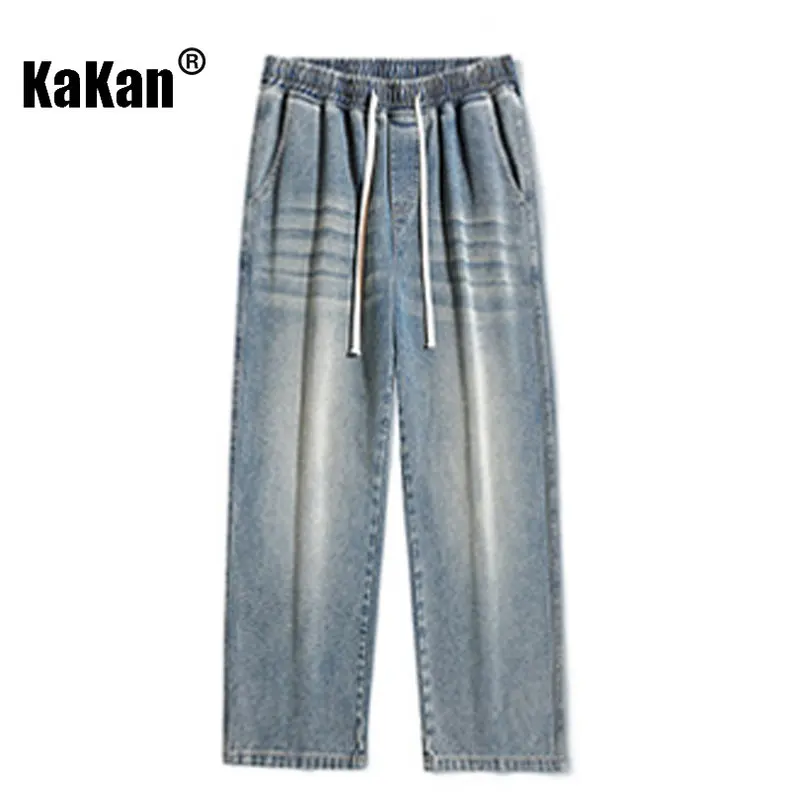 Kakan - New Yellow Mud Washed Old Jeans for Men, High Street Loose Versatile Wide Leg Cropped Jeans K24-BK771