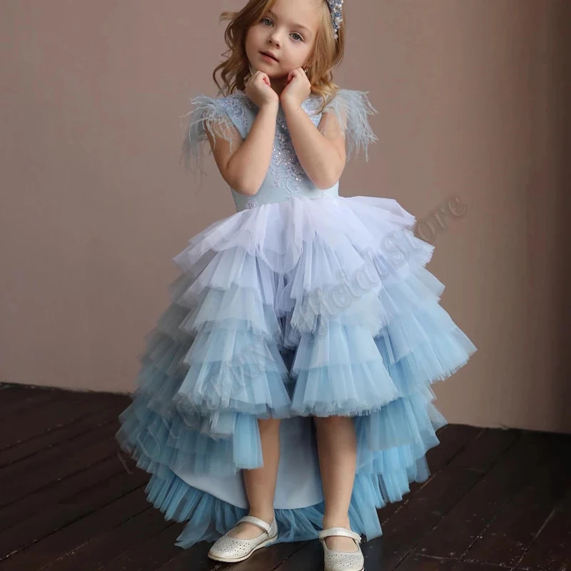 

Light Blue Tiered Flower Girl Dress Feather Toddler Birthday Pageant Appliques Wedding Party Dresses Custom Made Fashion Show