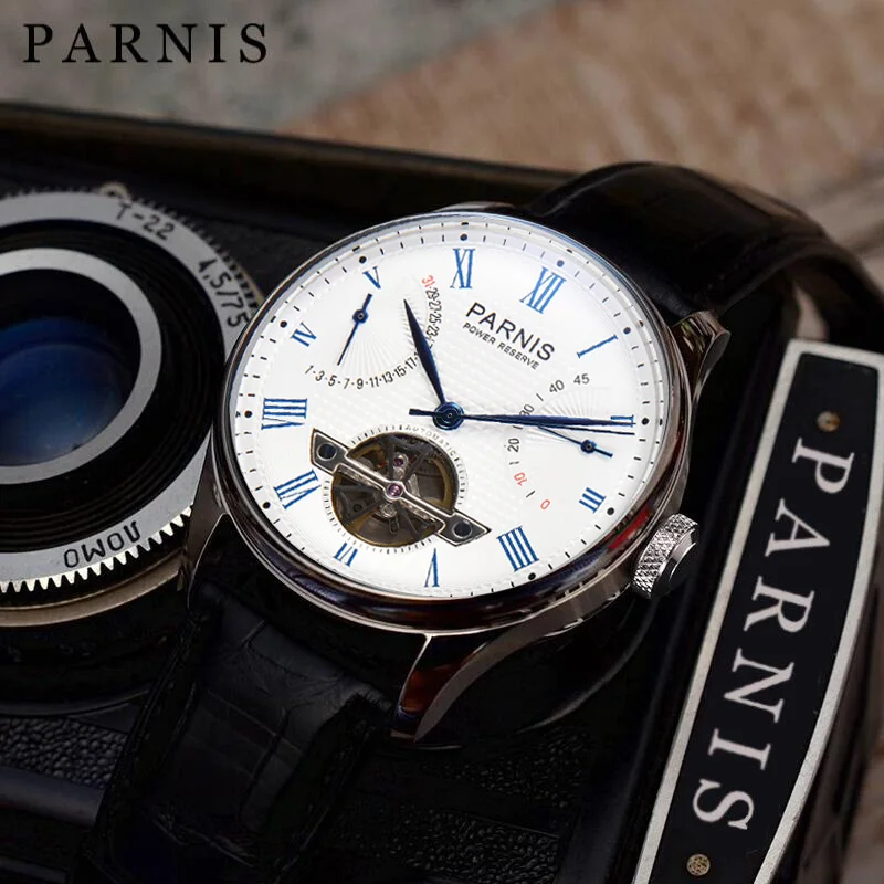 

Fashion Parnis 43mm Silver Case Men's Mechanical Watches Blue Scale Leather Strap Automatic Calendar Watch For Men reloj hombre