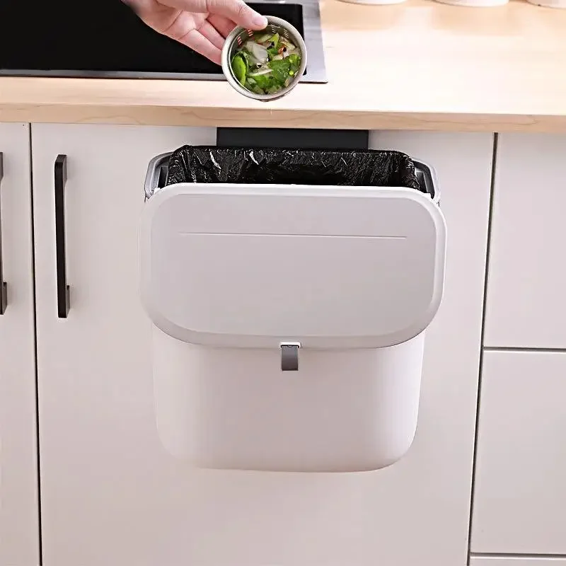 Wall Mounted Trash Can 7L/9L Lid Waste Bin Kitchen Cabinet Door Hanging Dustbin Garbage Trashcan Tools