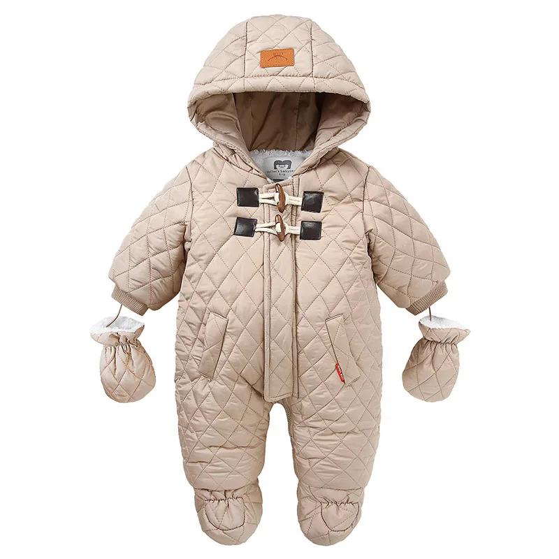 Winter Kids Overalls Velvet Newborn Baby Boys Thick Cotton Jumpsuit For Baby Girl Hooded Down Jacket Outdoor Snowsuit
