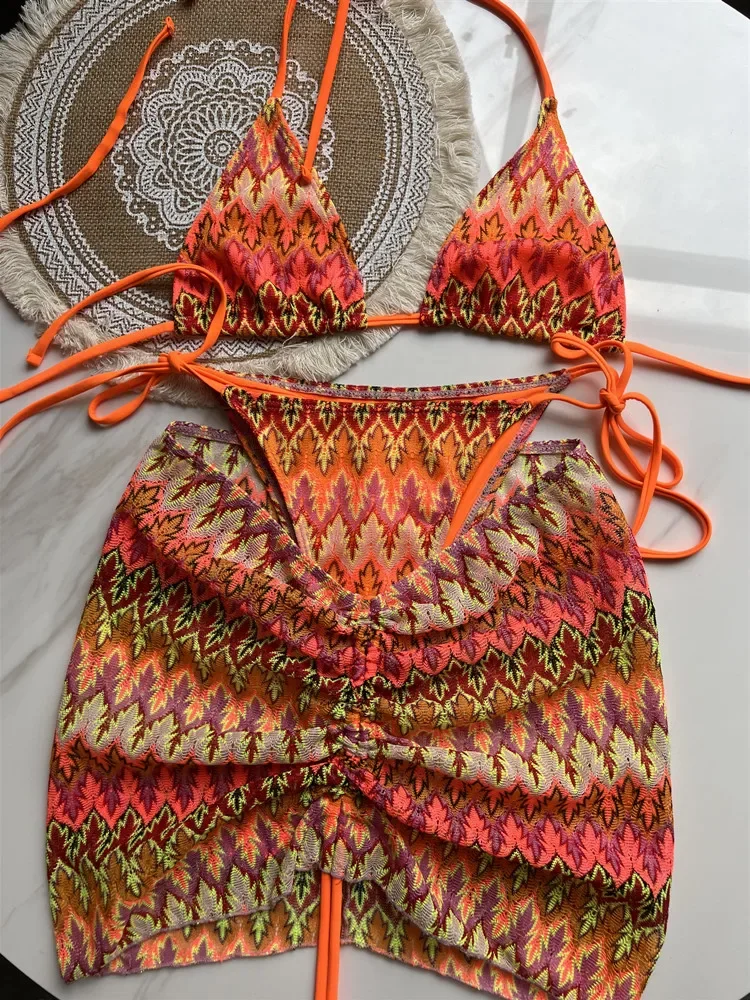 2024 Women Swimsuit Colored Maple Leaves Knitted Bikini Skirt Three-Piece Set Split Swimsuit Bikini Swimwear Women Micro Bikini