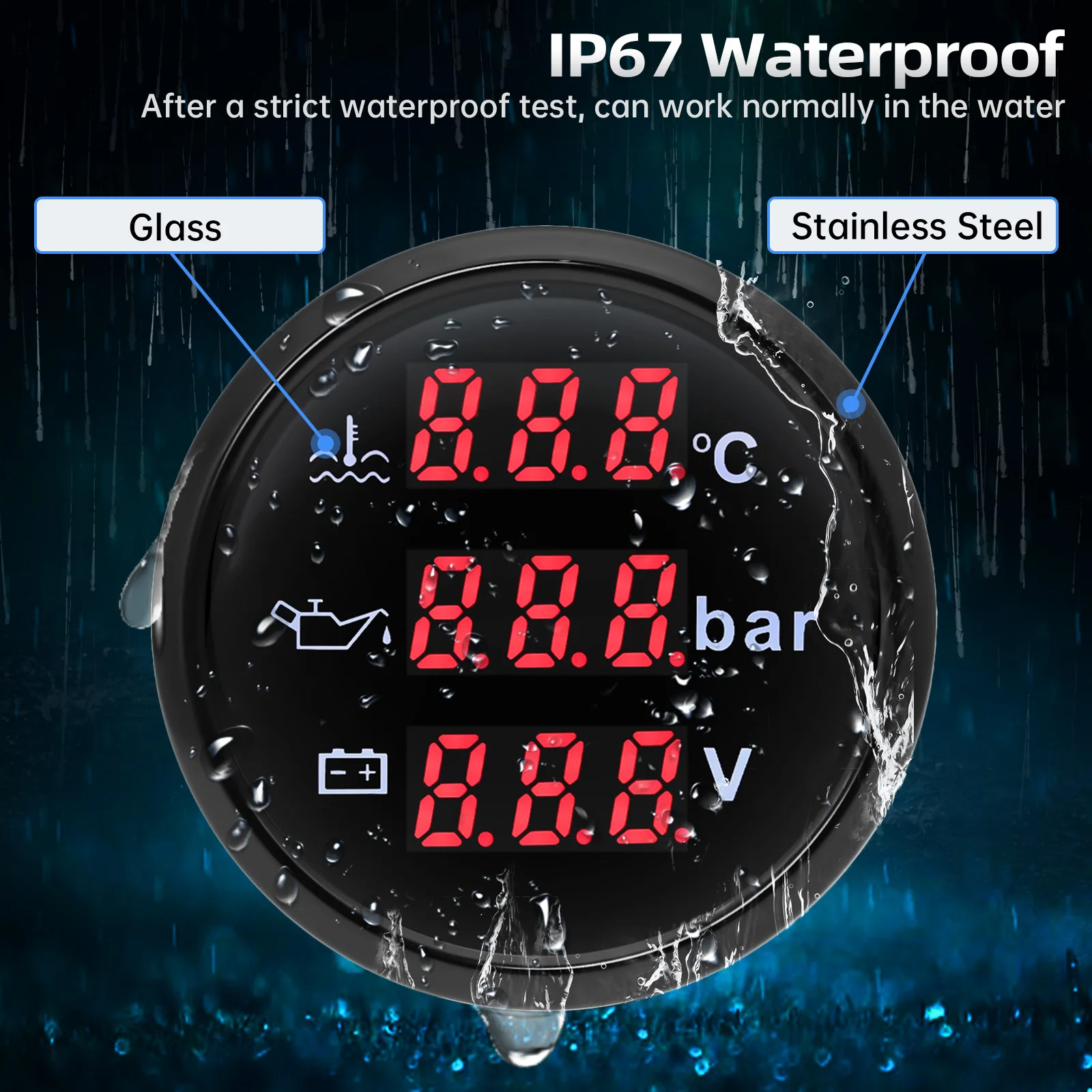 3 In 1 52mm Digital Gauge with Alarm 0~120℃ Water Temperature Gauge+Oil Pressure