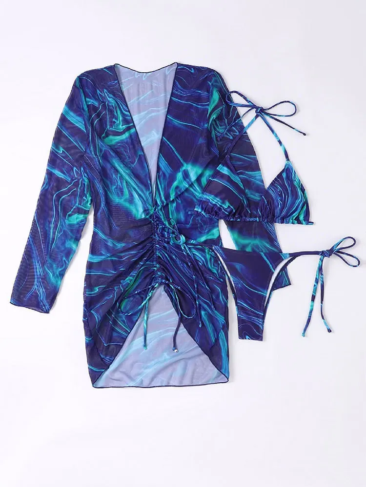 Sexy Bikini Set Women Thong Blue Tie Dye Gradient 3-Piece Swimwear Long Sleeve Pleated Dress Swimsuit Beach Bathing Suit Cover
