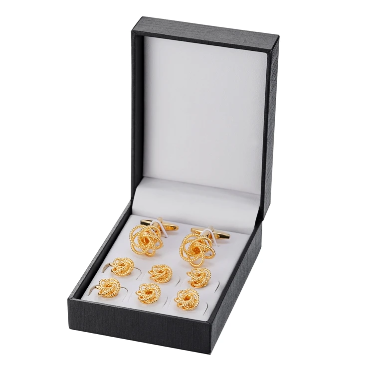 2026 Lepton Herren 14K vergoldete Smoking-Manschettenknöpfe und Kragenstecker-Set – Dezenter Luxus, Metallknoten, formelles Accessoire – Detail 10