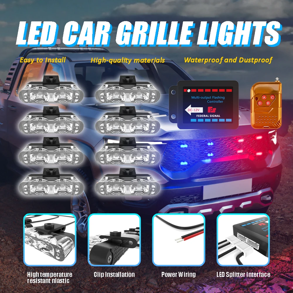 8 In 1 LED Emergency Strobe Lights Police Hazard Signal lights 12V Wireless Remote Car Grille Flash Light Bar for Cars Truck Van
