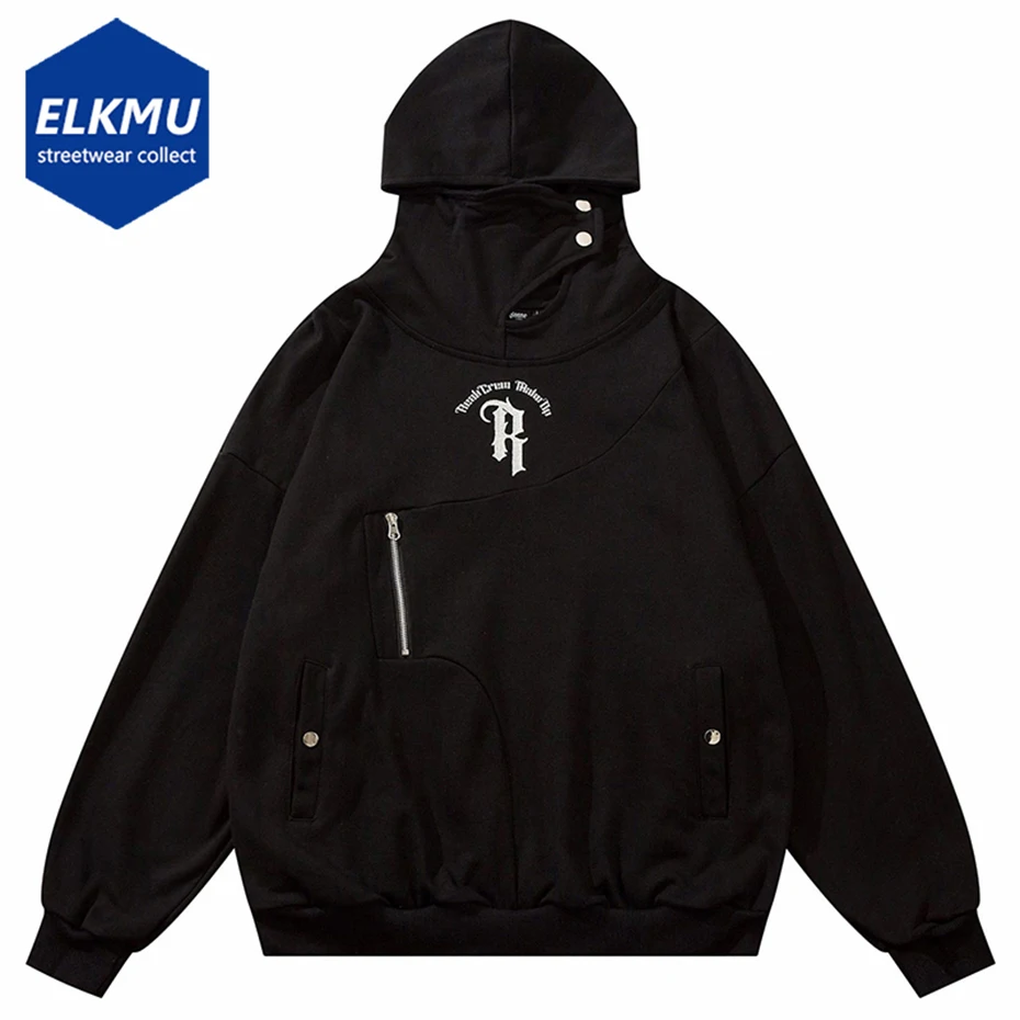 

Hight Neck Techwear Hoodies Irregular Patchwork Pullovers Hip Hop Harajuku Streetwear Sweatshirts Men Loose Black Hoodie