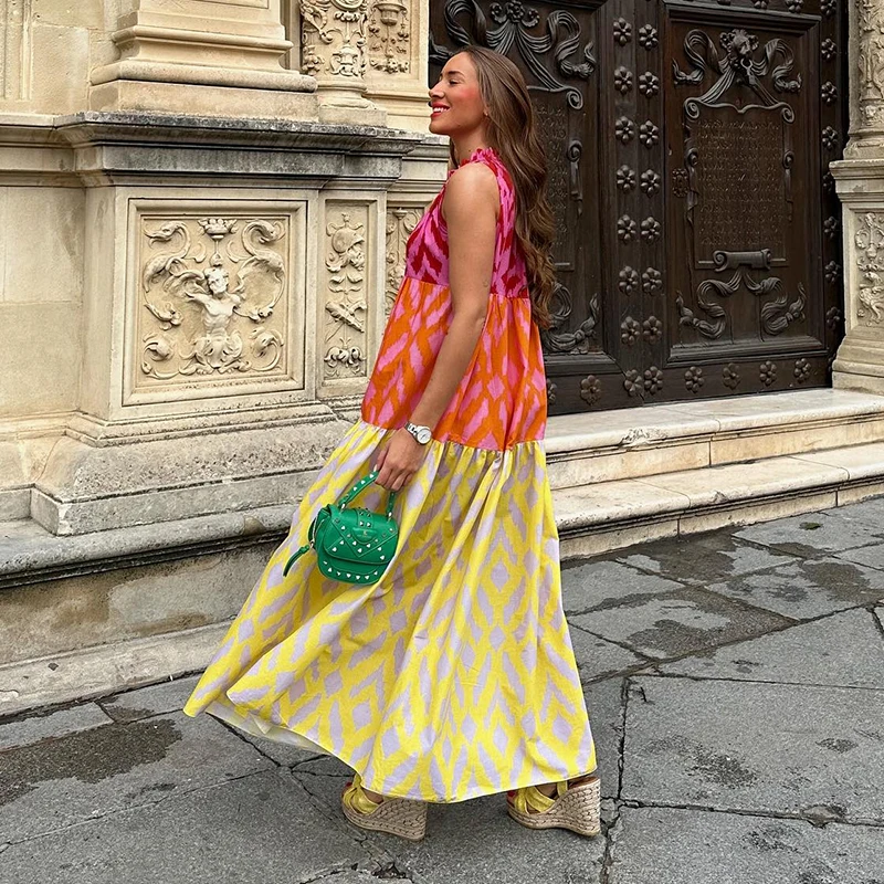 Chic Patchwork Printed Dress For Women Chic Round Neck Sleeveless Casual Maixi Dress Summer New Female Vacation Robe