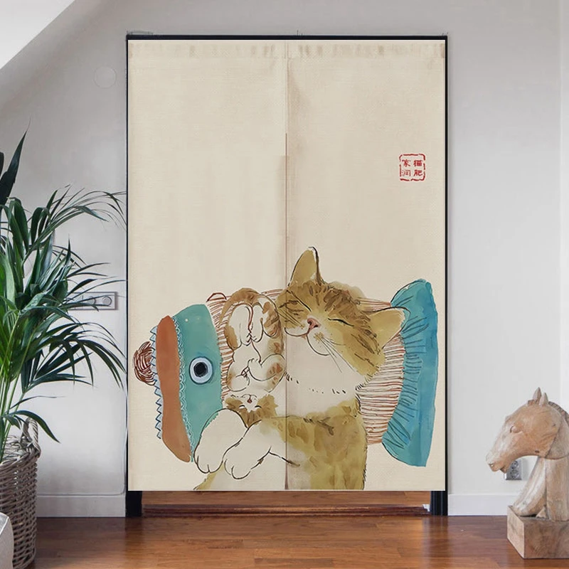 Chinese Door Curtain Split Noren Living Room Bedroom Partition Fat Cat Printed Drapes Kitchen Entrance Hanging Half-CurtainsJapanese Door Curtain Noren Lucky Cat Doorway Curtain For Kitchen Sushi Izakaya Home Entrance Decor Partition Fengshui Curtain