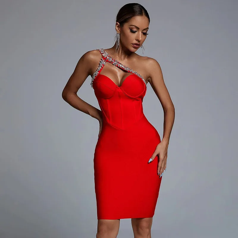 

Fashion Diamonds Luxury Bandage Dress Red Sleeveless Bodycon Women Sexy Party Outfits Nightclub Summer Elegant Dress Female