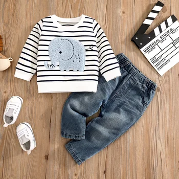 0-24 Months Spring Autumn New Boy Girl And Toddler Elephant Stripe Top Casual Cute Print Jeans Set 1