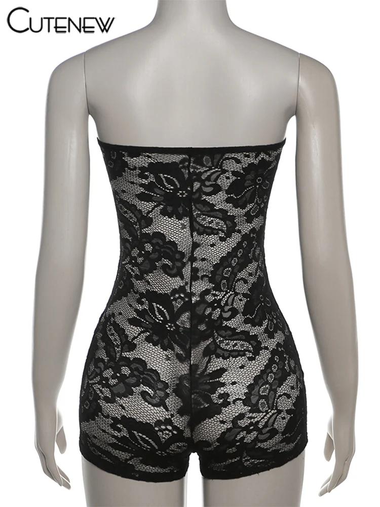 Mono sexy de encaje para mujer, liso, sin mangas, con escote en V, transparente, ajustado, ropa atractiva para mujer