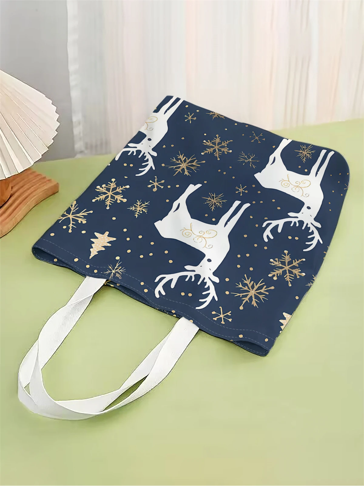 1pc,Snowflake Deer handbag, reusable fashionable handbag, multifunctional handbag, printed canvas shopping bag
