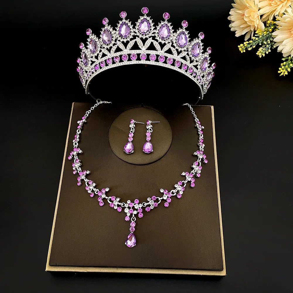 Bridal Jewelry Set 3Pcs/set Baroque Crystal Rhinestone Tiaras Crown Necklace Earring For Bride Women Wedding Gift