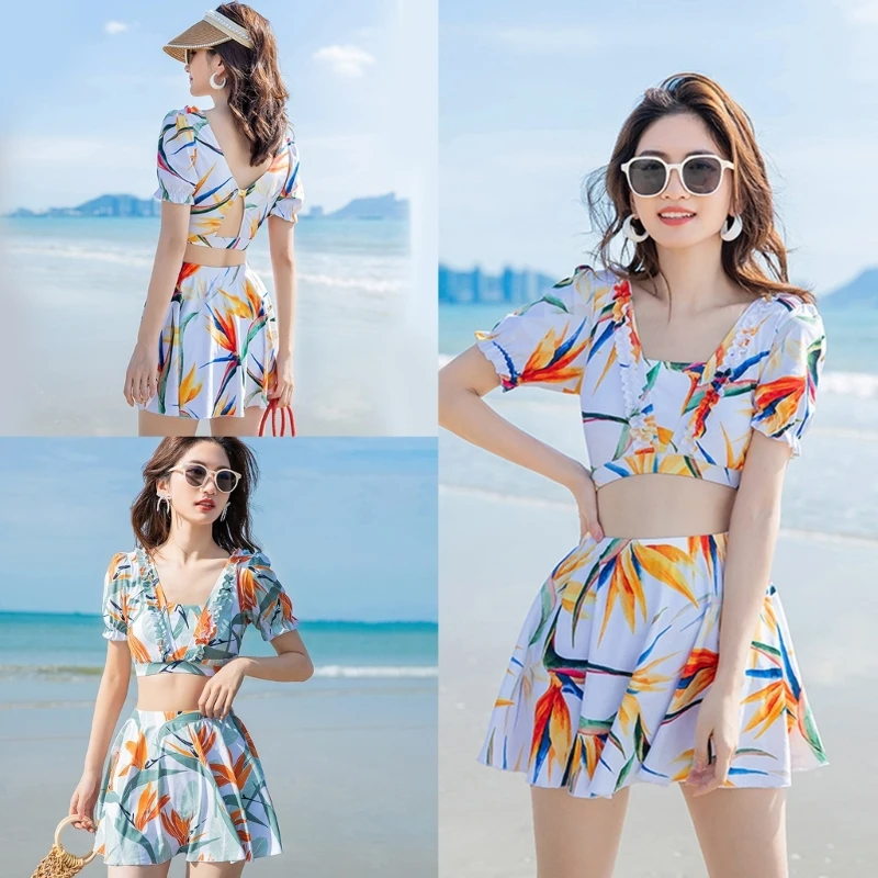 

Women T Shirt Top Pleated Skirt Beachwear Printing Bikinis Split Backless Wide Straps Swimsuit Two-Pieces Swimming Suit