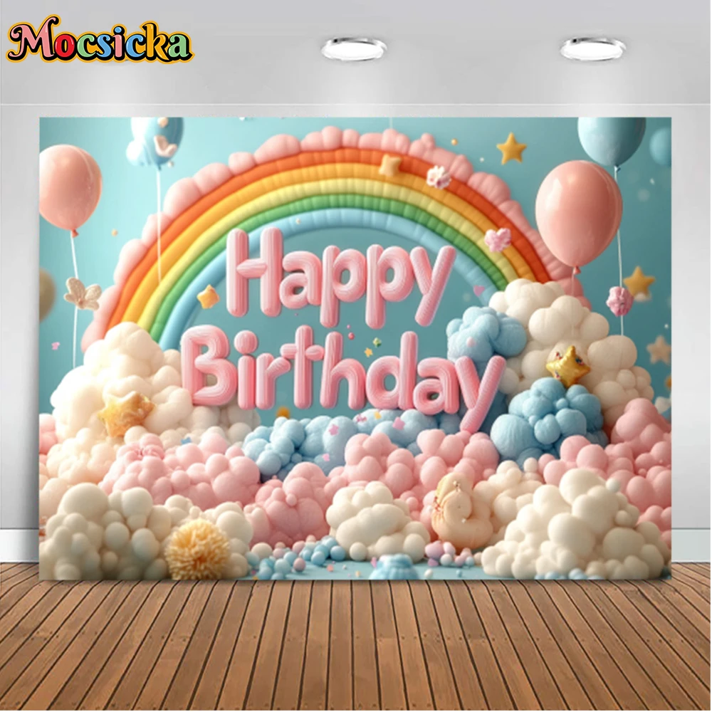 Mocsicka Photography Backgrounds Rainbow Balloons Clouds Cake Smash Birthday Party Children Portrait Photo Backdrops Studio