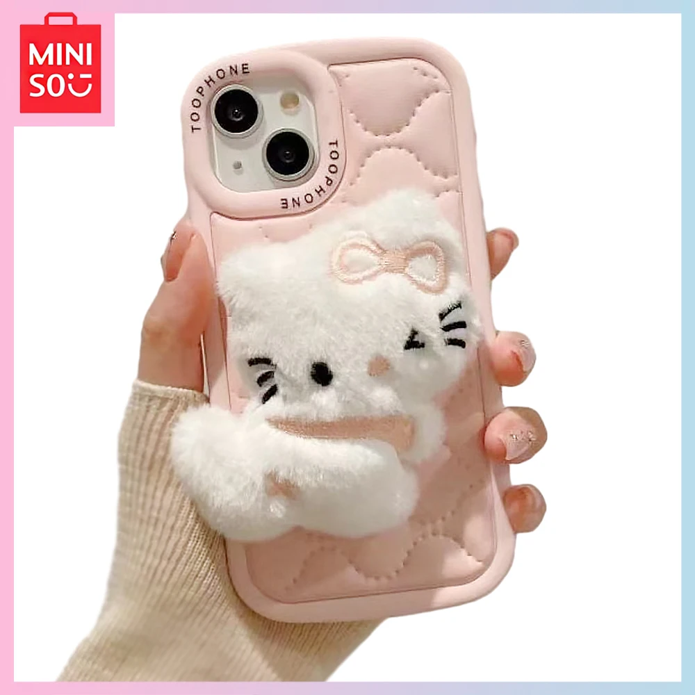 

New Miniso Hello Kitty Kawaii Pink Plush Cartoon Iphone15/14 Promax Needle and Thread 13/12/11Pro Phone Case Girls Birthday Gift