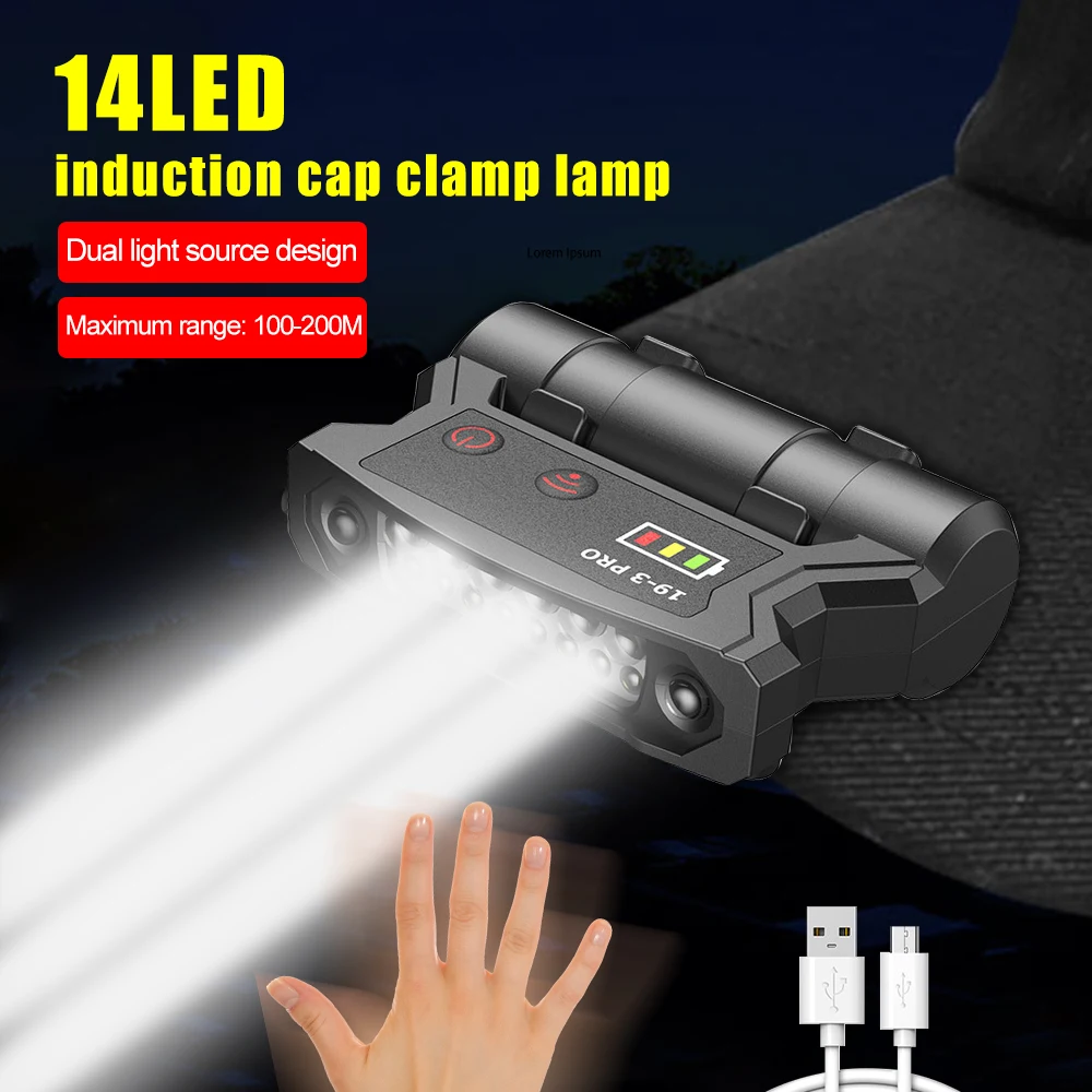 

Portable LED Fishing Sensor Headlamp Smart Induction Cap Clip Light USB Rechargeable Power Display Outdoor Activities Headlight