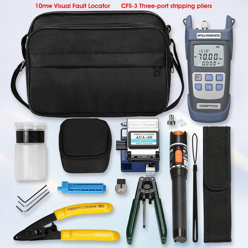 19pcs/set FTTH Fiber Optic Tool Kit with AUA-6S Fiber Cleaver -70~+10dBm/-50+26dBm Optical Power Meter 10mw Visual Fault Locator