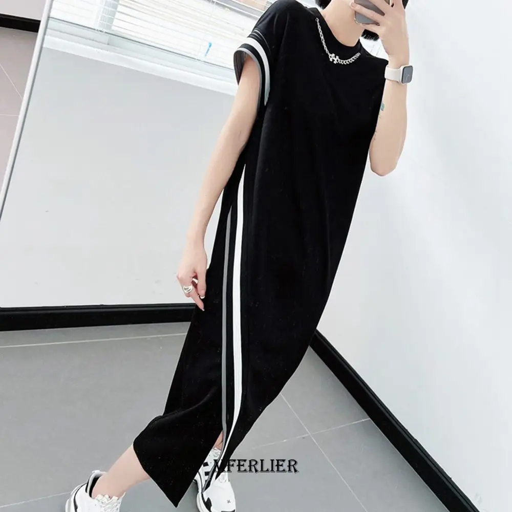 

Large Size 6XL 150KG Summer O Neck Short Sleeve Striped Dress Women Long Black Dress Female Loose Split Dresses