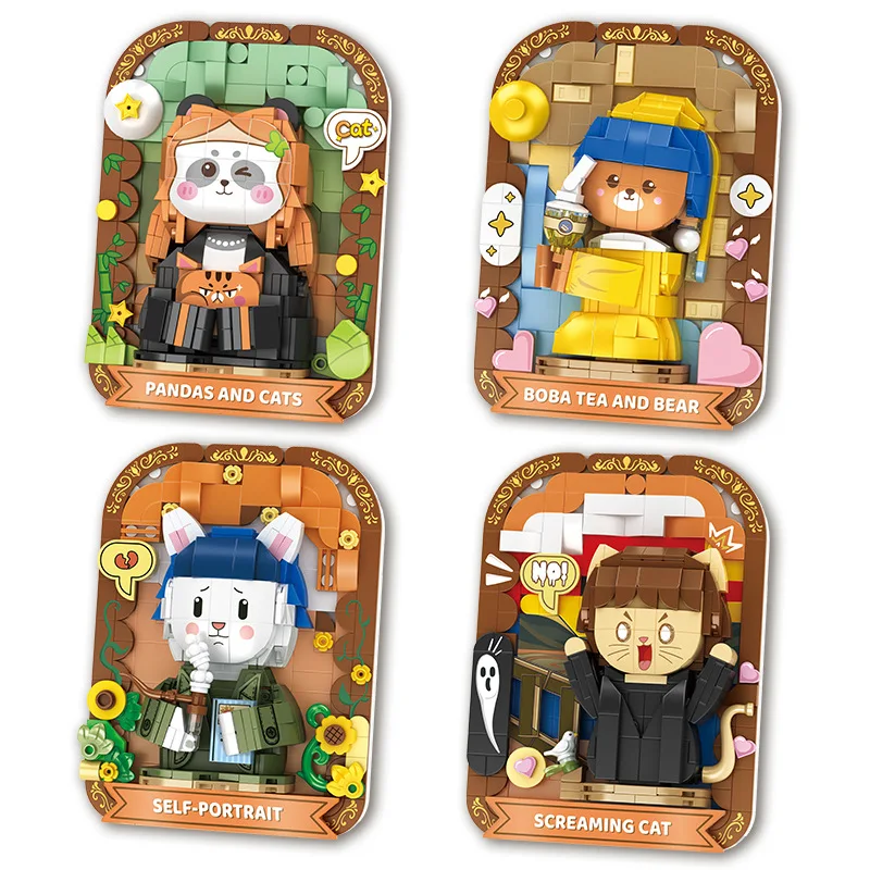 Cartoon Art Painting Building Block Mona Lisa Panda Scream Cat Van Gogh Rabbit Girl Bear Bricks Figure Giocattoli Per Bambini Regali