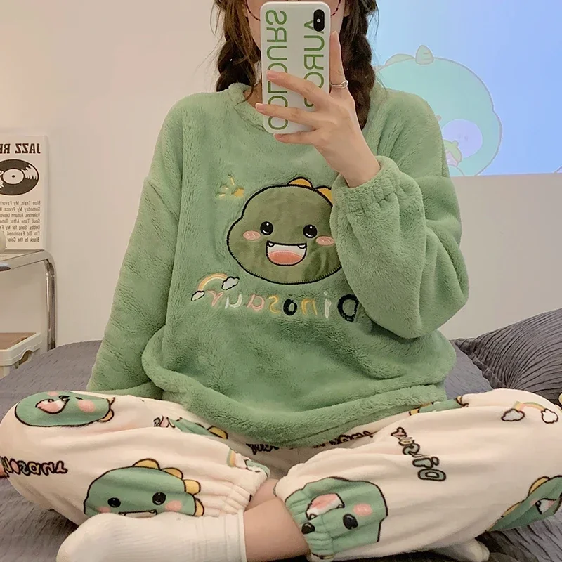 Women Pajamas Set Winter Flannel Sleepwear 2 Pieces Set Round Neck Long Sleeve Dinosaur Printing Women pajama suit