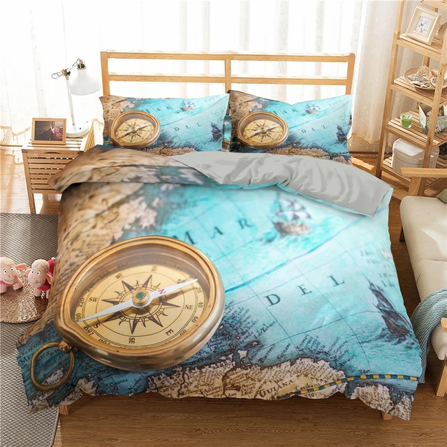 Teens Bedding Set Retro Map Compass Duvet Cover King Queen Bed