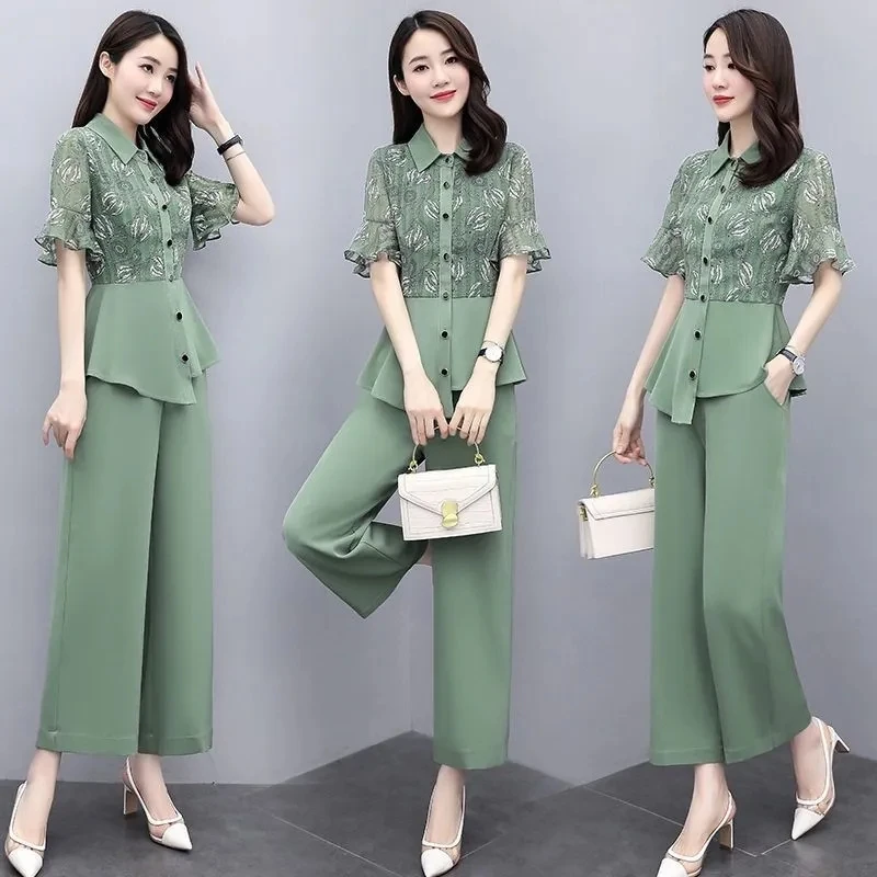 Elegant 2 Piece Set Women Summer Outfit Korean Short Sleeve Ruffle Irregular Blouse + Fashion Wide Leg Pant Suits Ensemble Femme