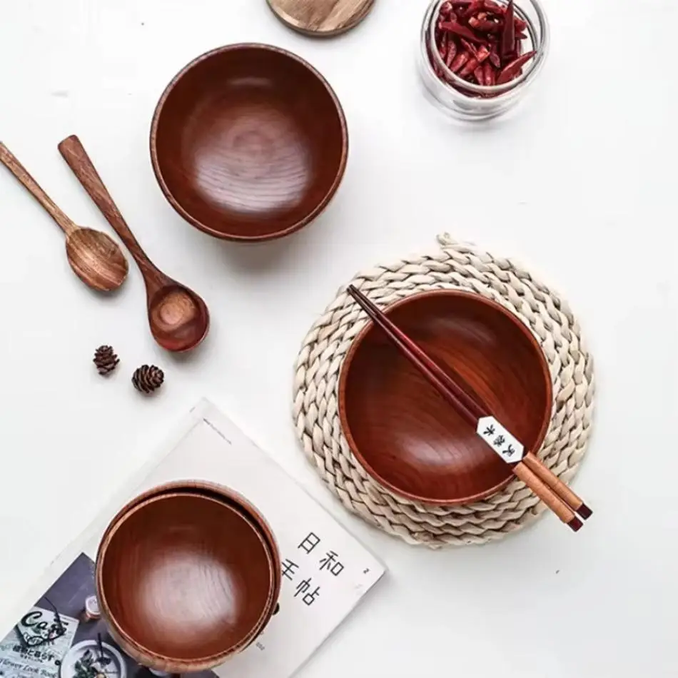 New Japanese Style Jujube Wooden Bowl Round Large Soup Bowl Creative Kids Rice Bowl Tableware Vintage Wooden Bowls Tableware