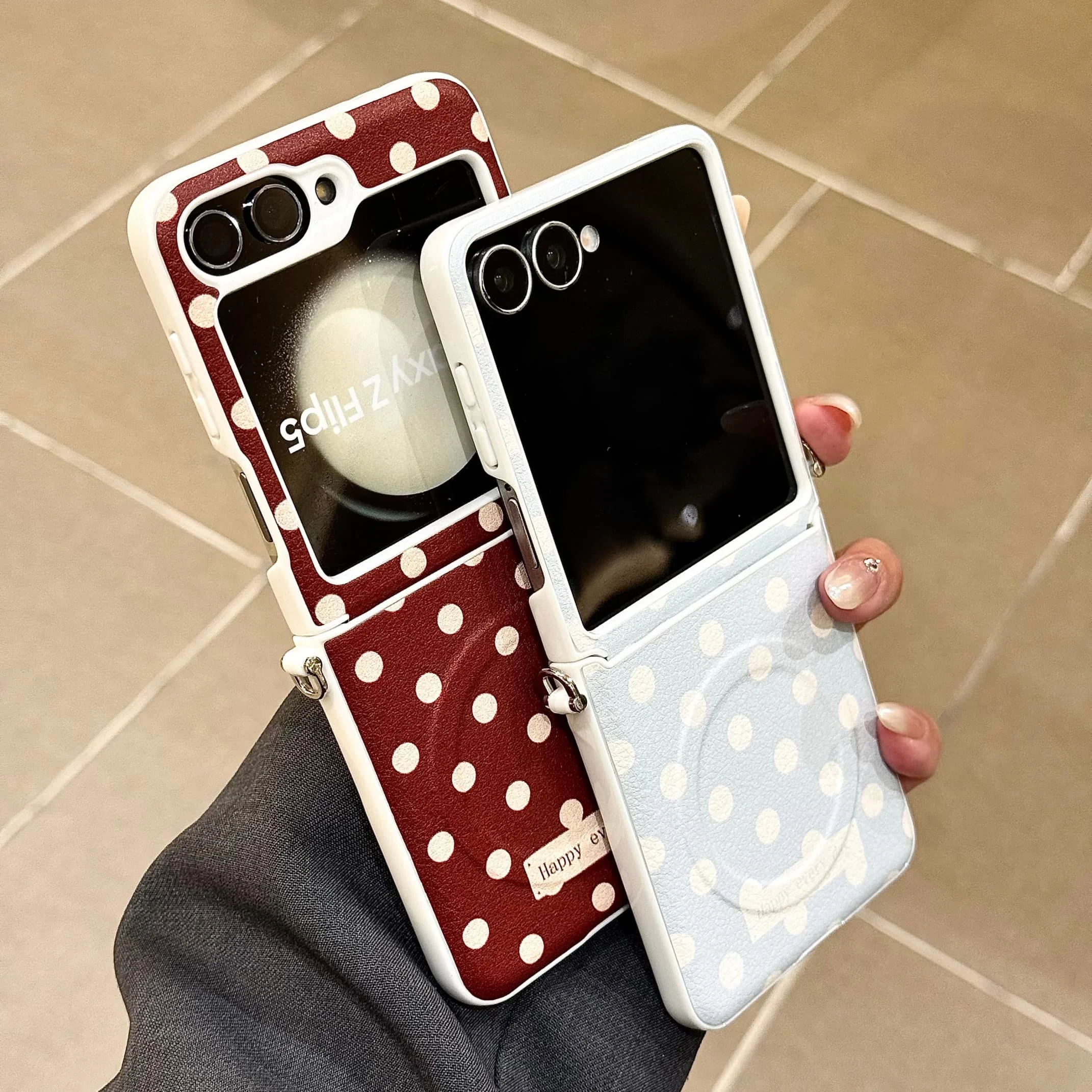 Korean Cute Polka Dot Magnetic Phone Case with Magsafe Stand and Chain