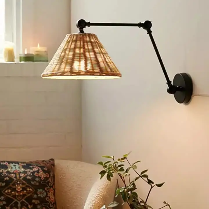 Japoński kinkiet Wabi-sabi Vintage rattanowy składany długie