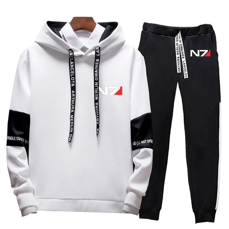 2023 Spring Autumn N7 Mass Effect Logo Printed Men's Splicing Sleeve Hooded Hoodies+Popular Sports Trousers Frenulum Design Sets